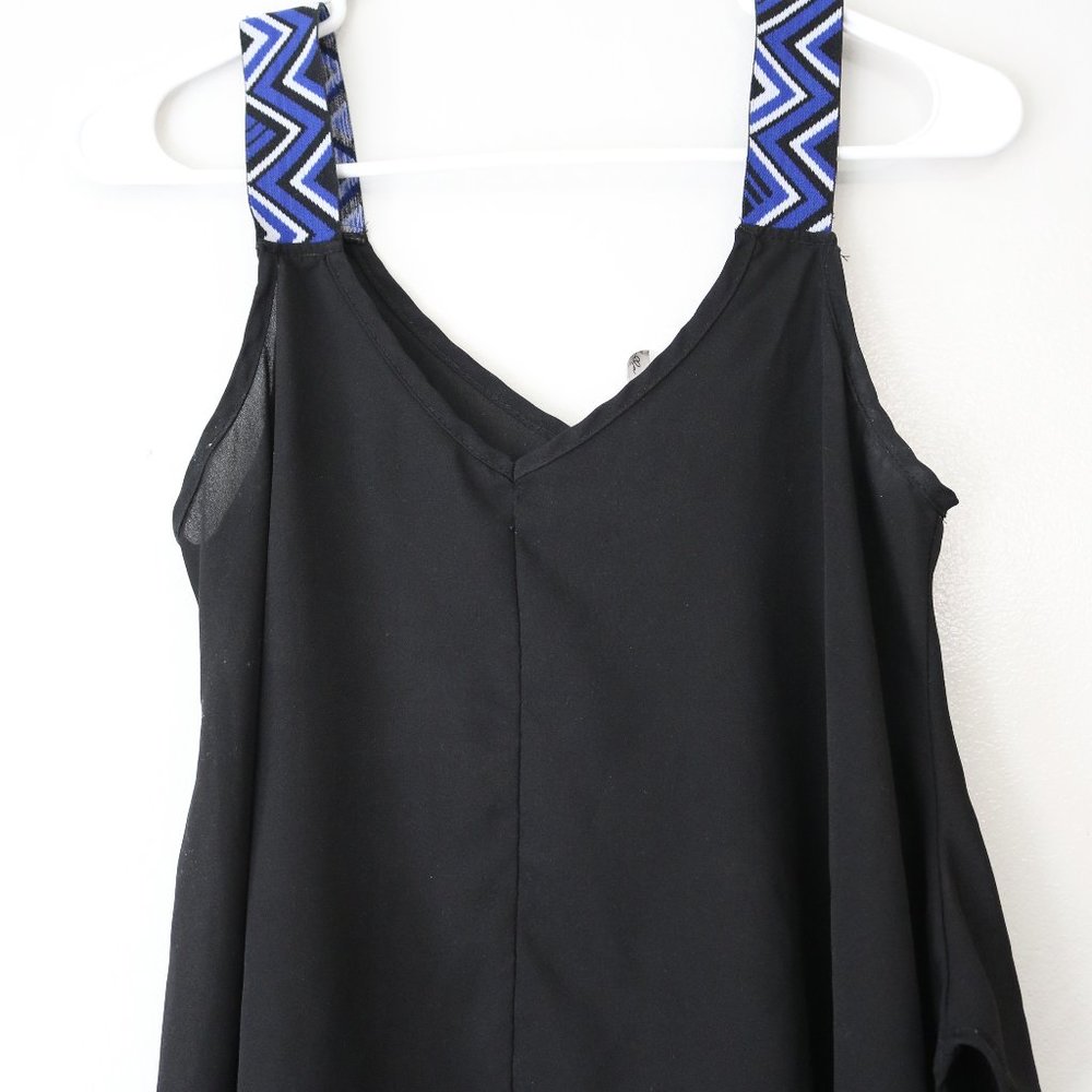 Sheer Black Flowing Crop Top with Pop of Blue Geometric Straps | Bella D